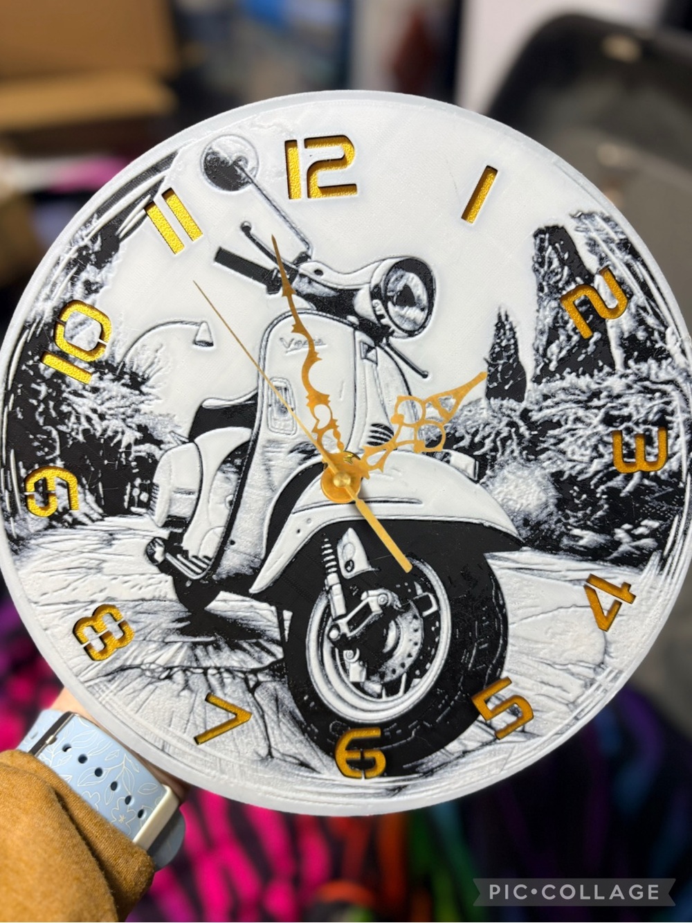 Vintage Scooter Wall Clock in White and Gold